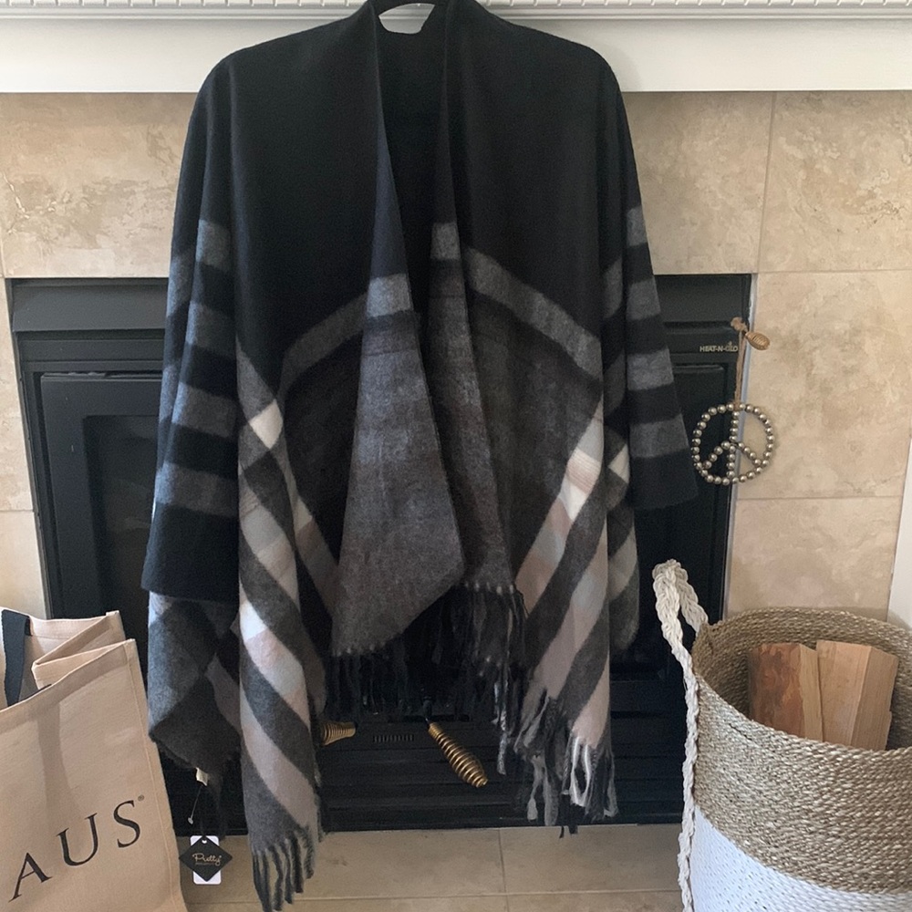 Black, taupe, white, grey plaid blanket wrap